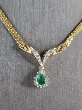 Womens Vintage Estate 14K Gold Necklace w/ Diamond Emerald Pendant 8.3g E5122
